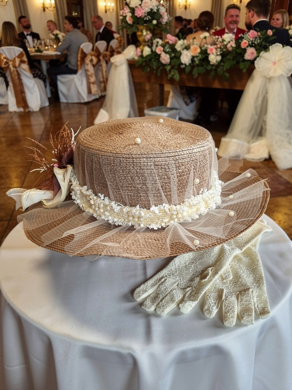 Ivory-Trimmed Beige Straw Dress Hat with Pearl & Tulle Accents